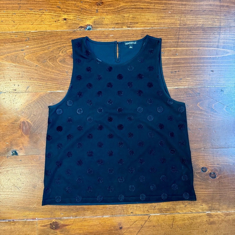 J Crew Mercantile- Black Velvet‎ Dot- Sleeveless Top. Size Large